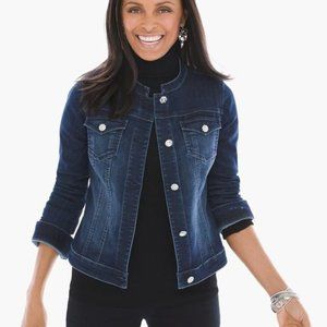 Chico's Embellished Button Long Sleeve Denim Jean Jacket Round Neck Dark Wash 1